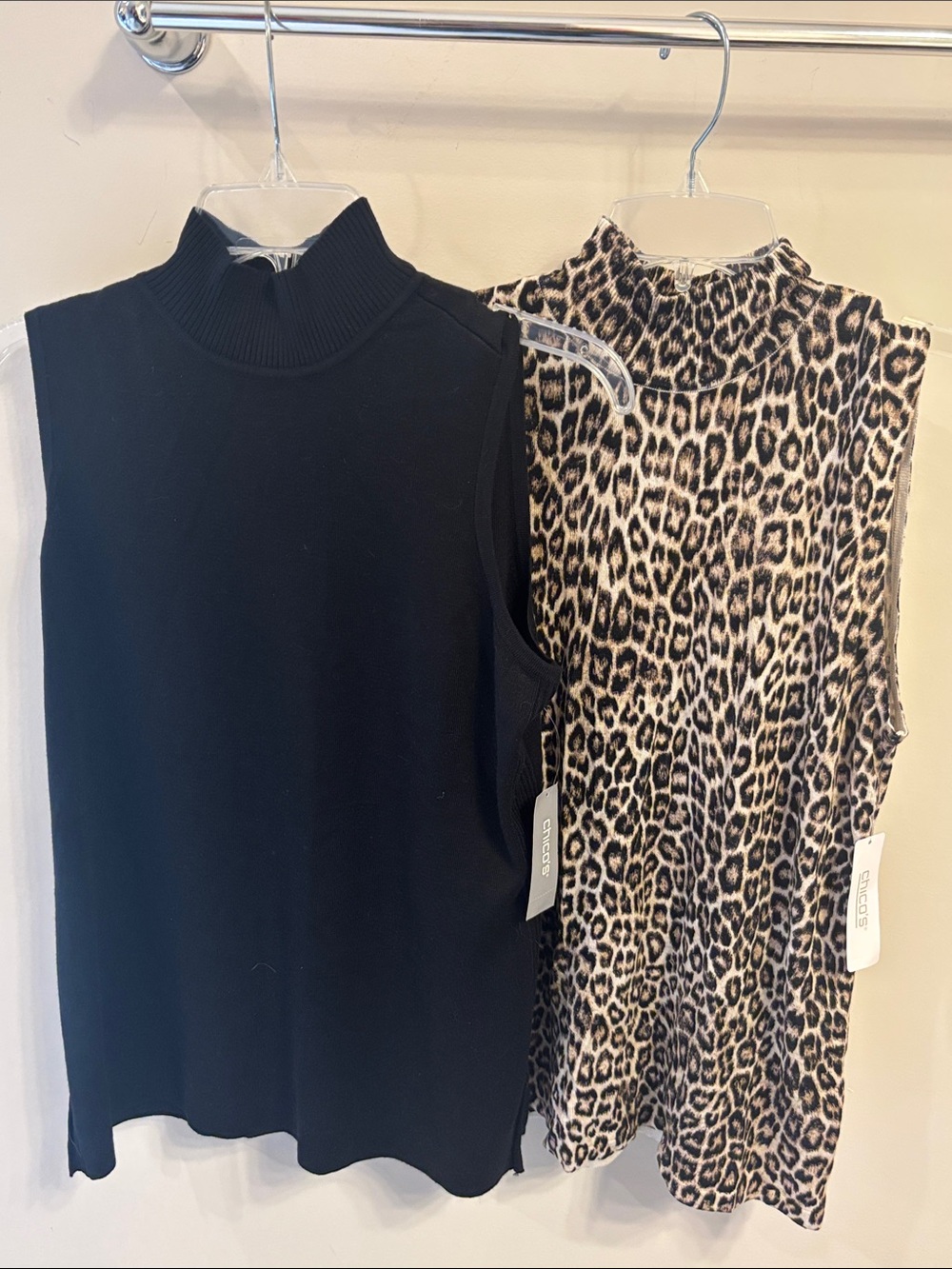 Chico's NWT Bundle of 2 Sleeveless Mock Neck Sweaters - Black & Leopard